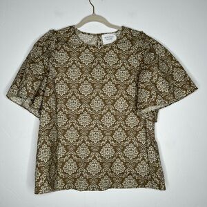 Tuckernuck Hyacinth House Olive Damask Floral Blouse Size Large 100% Cotton